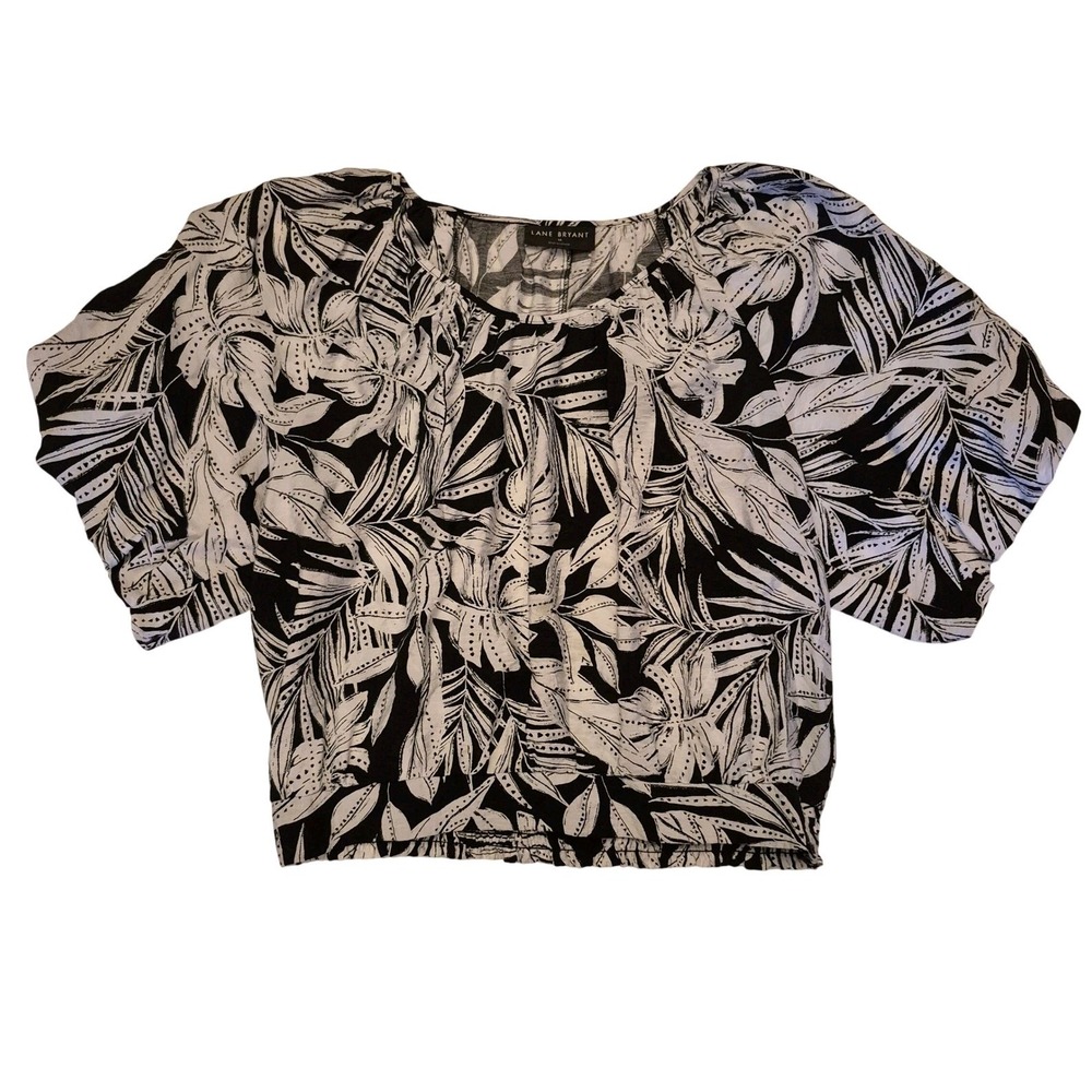 Lane Bryant Blouse Women 18 Tropical Rayon Smocked Hem Black White Summer Top